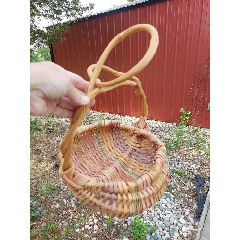 Vtg Buttocks Hand Woven Basket Grapevine Or Willow Handle Multi Color Pastels